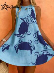 Women's Elegant Sexy Sleeveless Yellow Random Crab Print Dress, Suitable For Spring And Autumn Party Summer - Blue - View 5
