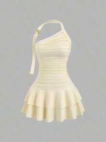 Nuevo estilo de vestido mini para mujer con falda acampanada, decoración de metal en espiral en el cuello halter y la cintura - Amarillo claro - Ver 1