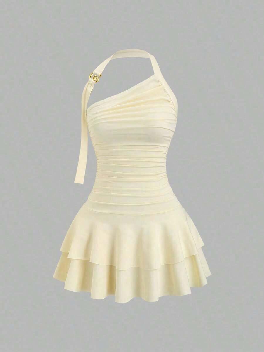 Nuevo estilo de vestido mini para mujer con falda acampanada, decoración de metal en espiral en el cuello halter y la cintura - Amarillo claro - Ver 1