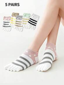 1/2/3/5 Pairs Women Colorful Striped Star Pattern Toe Separator Comfortable Casual Five Finger Socks - Multicolor - View 8