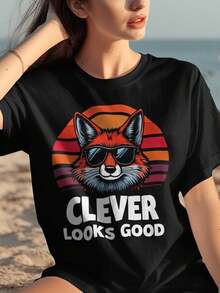 S1Mart Fox T1S1Hirt, R SunS1et Graphic, t1rendy Animal T1EE - Negro - Ver 2