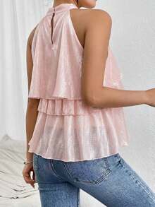 Blusa de chifón asimétrica con cuello holgado y volantes, top con volantes, top marrón oscuro - Rosa - Ver 7