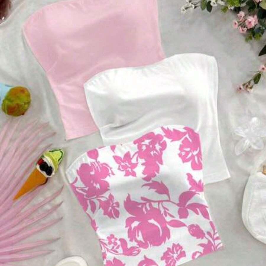 3pcs Plus Size Women Sexy Blue & White Floral Print Slim Strapless Tops Set, Casual Daily Versatile For Date, Afternoon Tea, Beach, Cruise, City Vacation, Suitable For All Seasons, Wedding, Beach, Spring/Summer Vacation, Cruise, Island Vacation, Music Festival, Boho Vacation - Rosa - Ver 1