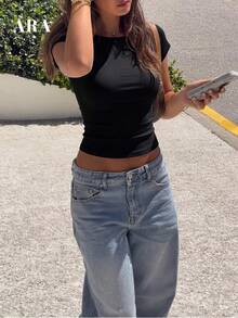 ARA CHIC Women's Black Crew Neck Ribbed Fitted Casual Short Sleeve Top, Suitable For Summer Beach, Office And Vacation, New Arrival - Black - View 2