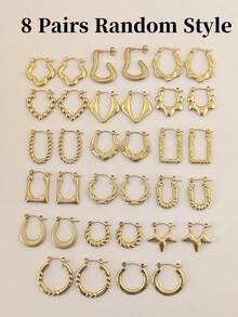 1/4/8/12 Pairs Elegant Gold Tone Earring Set For Women, Unique Designs Including C-Shape, U-Shape, Hoop, Heart, Asymmetrical Geometric, Smooth, Textured Styles, Random Mixed, Suitable For All Occasions! Made Of Quality Stainless Steel, Gentle On Sensitive Skin, Worry-Free Wear To Unlock Refined Look - Gold - View 9