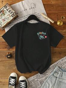 Envío gratis, entrega local enéxico, entrega en 4 días. Camiseta de verano de manga corta y corte holgado para mujer  con estampado de tortugas, flores y letras, para vacaciones en Hawái. - Negro - Ver 5