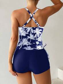 Bikini Estilo Chaleco Estampado Con Palmeras Para Mujer, Para Carnaval - Azul y blanco - Ver 2