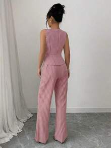 Elenzya Nuevo conjunto de traje formal de mujer a rayas azul marino y blanco, diseño de cintura ceñida y línea A, elegante chaleco sin mangas a rayas para el viaje diario, estilo callejero francés vintage para negocios. Adecuado para verano, Día de la Independencia, graduación y temporada de vuelta al colegio. El atuendo de otoño para mujer presenta decoración de botones metálicos, sofisticado y elegante, adecuado para la oficina, el viaje, el estilo callejero, lo francés romántico, lo casual, lo vintage de Oriente Medio, el té de la tarde, las fiestas, Acción de Gracias y la primavera/verano. - Rosa - Ver 2