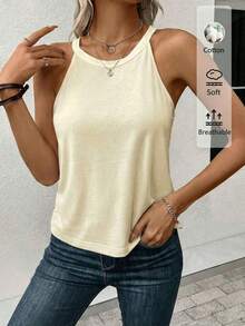 LUNE Camiseta de tirantes de cuello halter casual y cómoda para mujer, 95% algodón, adecuada para el verano - Albaricoque - Ver 6