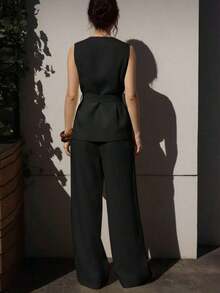 2 piezas Conjunto de ropa elegante, Blusa sin mangas con cuello en V y corbata en la cintura y Pantalones anchos de pierna ancha con bolsillos para mujer, Conjunto primaveral - Negro - Ver 3