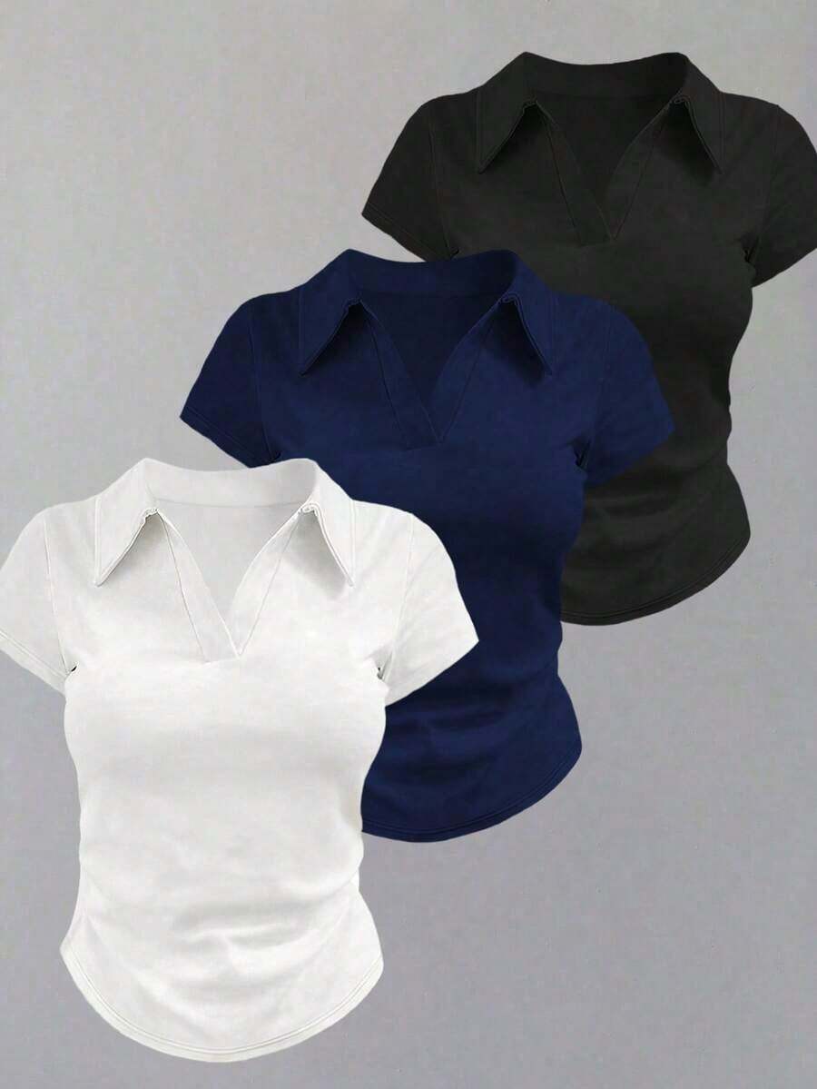 Camiseta casual versátil de mujer con cuello y mangas cortas plisadas - Blanco 2 - Ver 1