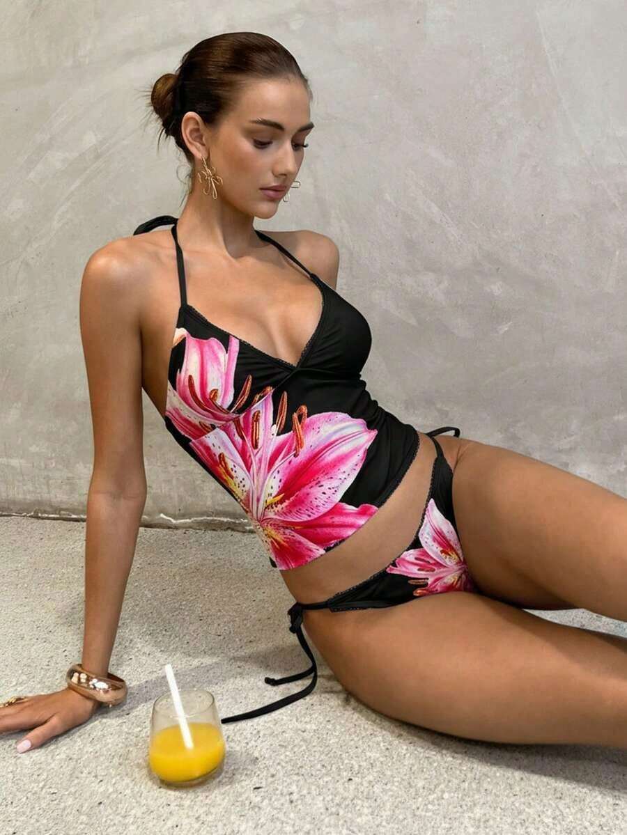 Conjunto de bikini a cuadros de cereza dulce - Negro - Ver 1