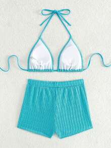 2 piezas Conjunto de bikini de unicolor con textura, tipo halter, adecuado para vacaciones de verano en la playa - Azul 2 - Ver 4