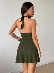 Vestido mini negro sexy con cuello de halter, estilo informal de playa y vacaciones, primavera/verano - Verde militar - Ver 2