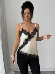 Camiseta de mujer elegante con parches de encaje y lunares - Albaricoque - Ver 4