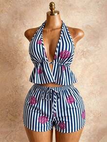 Conjunto de verano sexy, lindo y elegante romántico con top de tirantes con cuello en V profundo de lino a rayas blancas y caqui, emparejado con shorts casuales de playa de cintura con cordón, color rosa - Azul largo - Ver 3