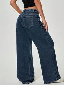 Jeans rectos y sueltos de color liso clásico informal - Azul 2 - Ver 3