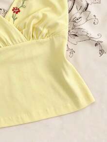 Camiseta de mujer de unicolor con cuello de halter plisado y lazo, versátil para vacaciones y citas - Amarillo claro - Ver 4