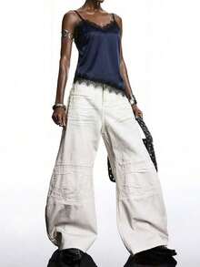 2026 Nueva Blusa Minimalista de Primavera para Mujer de Satén Color Albaricoque con Encaje, Elegante Camisola con Ribete de Encaje, Adecuada para Primavera/Verano; Camisa Elegante, Adecuada para Fiestas, Primavera, Navidad, Año Nuevo, etc.; Elegante - Azul marino - Ver 5