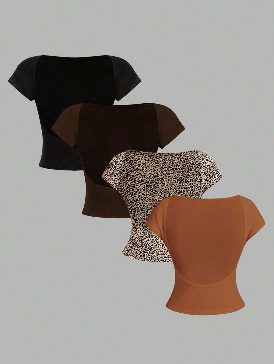 4 piezas Camisetas de mujer de cuello redondo, ajustadas, con espalda descubierta y diseño minimalista de patrones, adecuadas para el verano - Multicolor 10 - Ver 1