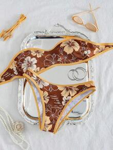 Set de 2 piezas Bikini bandeau con estampado floral rosa para mujer, con tirantes desmontables adecuado para vacaciones en la isla y sesiones de fotos en la playa en verano - Multicolor 13 - Ver 7