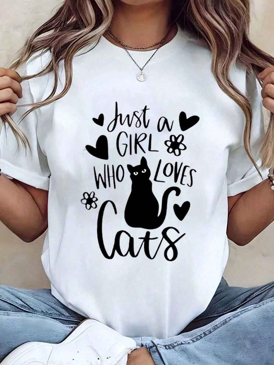 Camiseta de Mujer con Estampado "Solo Soy Una Chica Que Ama a los Gatos", Cuello Redondo, Corte Holgado Casual, Ideal para Uso Diario y Regalo, 100% Algodón - Blanco - Ver 1