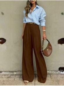 Straight-Leg, Wide-Legged Suit Trousers. Floor-Length. - Mocha Brown - View 2