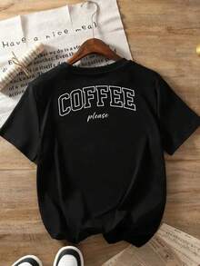 Women's Oversized T-Shirt With Coffee Print On The Front And Back - Casual Short Sleeve Top With Round Neck And Coffee Bean Design, Black And White Lettering For Coffee Lovers, Casual Wear For Spring, Summer, Autumn And Cafes (Machine Washable) Y2k T-Shirt Shirt - 白色 - 查看 2