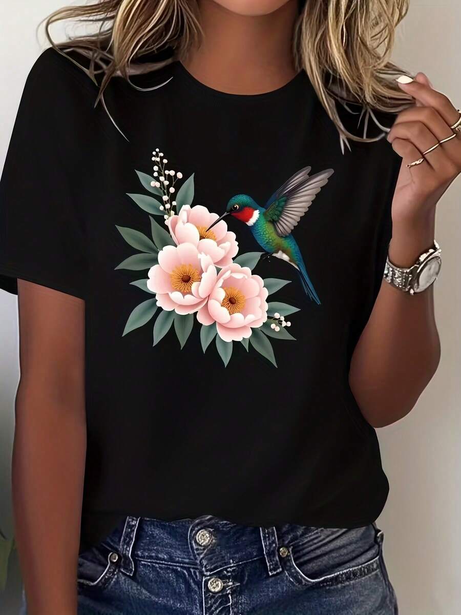 Women's Casual Short Sleeve T-Shirt - Humorous Hummingbird And Peony Bouquet Print, Soft And Breathable, Loose Fit With Round Neck, Comfortable For All Seasons, White With Vibrant Floral Design, Women's T-Shirt, Everyday Comfort - 黑色 - 查看 1
