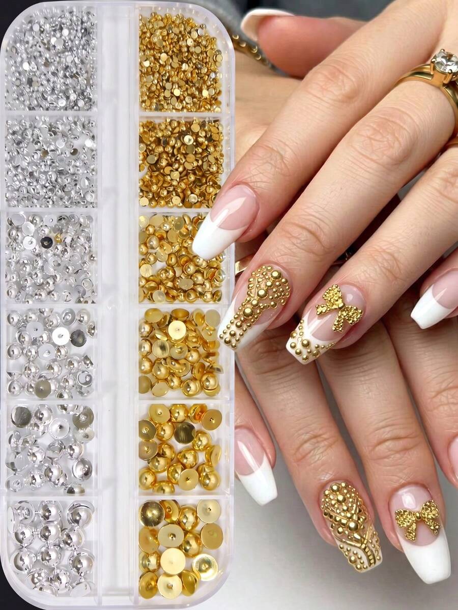 12 Grids Golden And Silvery Mixed Colored Half Round Flat Back Resin Rhinestones – DIY Nail Art Charms For Phone Case, Jewelry Making, Craft Supplies - Multicolor - View 1