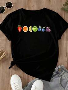 Women's Short-Sleeved T-Shirt With Round Neck And Fruit Print (Strawberry, Orange, Lemon, Apple, Blueberry, Plum), Casual And Loose Style, Ideal For Everyday Wear And Summer Outfits - Urban Vintage Style, Unisex, Cotton, Loose Fit, With Round Neck And Short Sleeves. - 黑色 - 查看 3