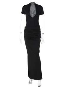 Short Sleeve Dress With Pleated Design For Girls - 黑色 - 查看 11