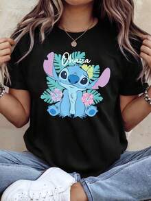 Vintage Lilo Sch T-Shirt With A Neon Hawaiian Print. 220 Gsm, 100% Cotton. Ideal For All Seasons, Suitable For Men And Women. High-Quality Fabric, Durable, Soft To The Touch, And Resistant. Breathable, Perfect For Fall, Holidays, Mother's Day, Independence Day, And As A Gift. - 黑色 - 查看 1