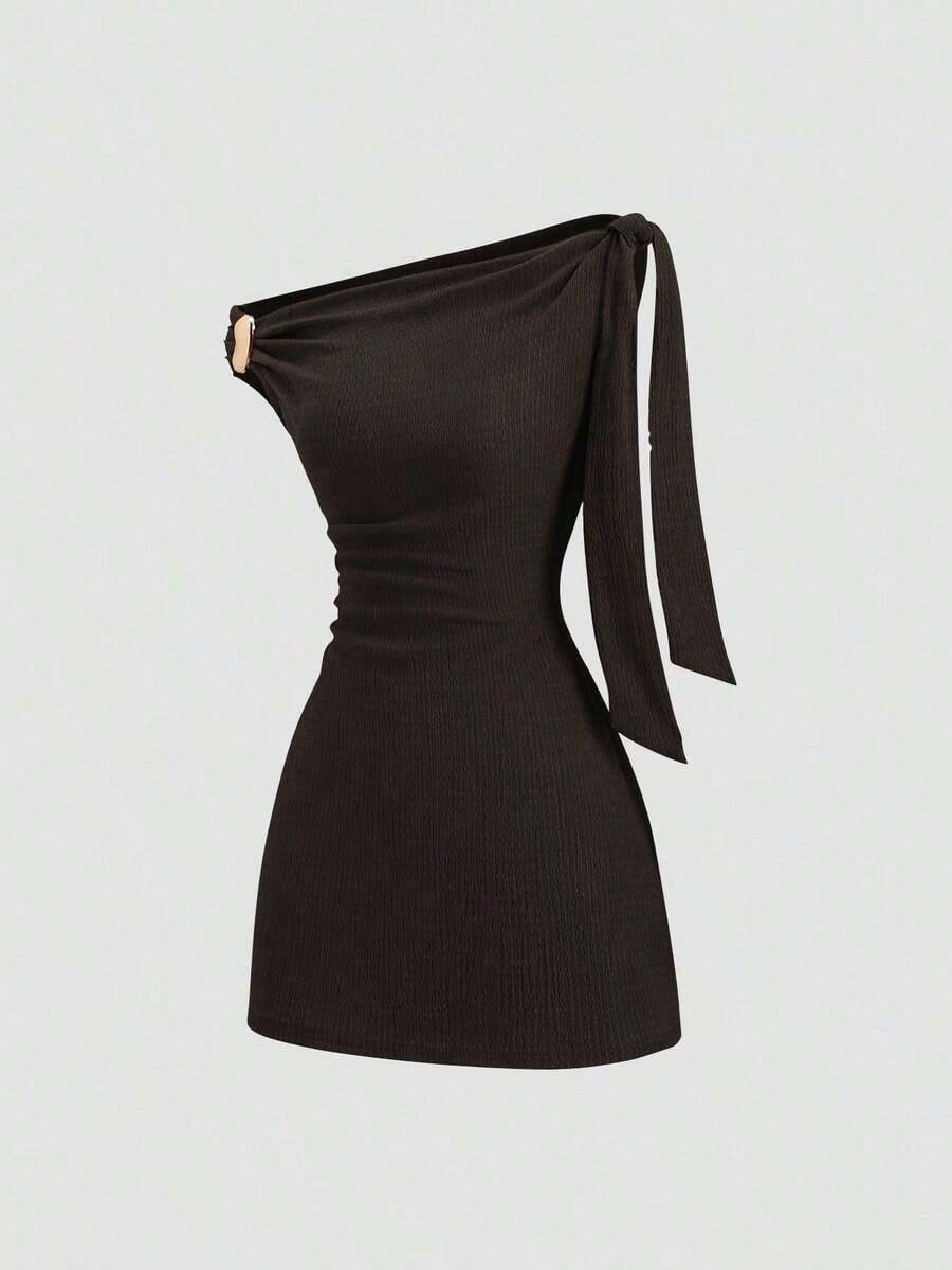 Vestido sin mangas con cuello asimétrico ajustado y drapeado de unicolor - Café integral - Ver 1