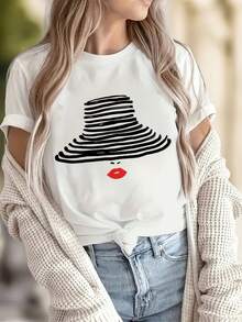 Camiseta de manga corta y cuello redondo con un estampado de una mujer con sombrero - Blanco - Ver 3