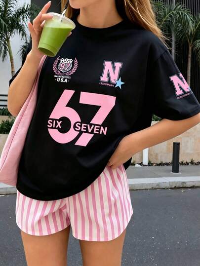 Girls' Oversized Retro 67 Graphic Tee, Loose Fit Casual Sports Style Short Sleeve T-Shirt, Summer