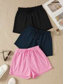 3-Piece Set Of Solid-Color Casual Athletic Shorts With Elastic Waistband And Drawstring - Pink - View 3