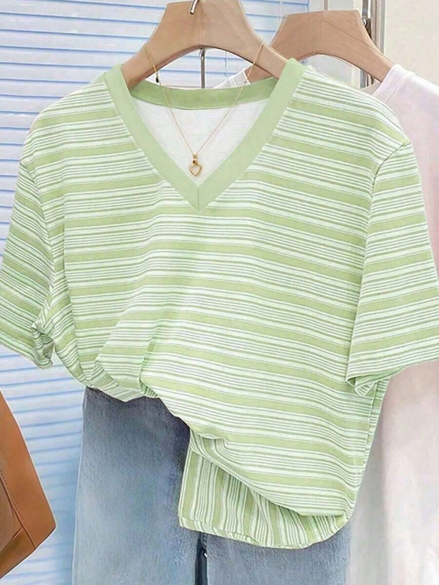 Nueva Ropa 2026 , Camiseta Casual de Manga Corta con Cuello Redondo y Estampado Floral con Textura de Leopardo para Mujer, Verano - Multicolor 4 - Ver 1