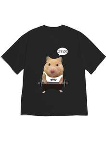 Camiseta de manga corta con hombros caídos, nueva colección Primavera/Verano 2026, con ilustración de hámster usando un chaleco "speckd" levantando una barra + combinación de cuadros de diálogo coreanos "3대500", camiseta blanca de manga corta, estilo coreano peculiar, lindo y divertido, 100% algodón. - Negro - Ver 12