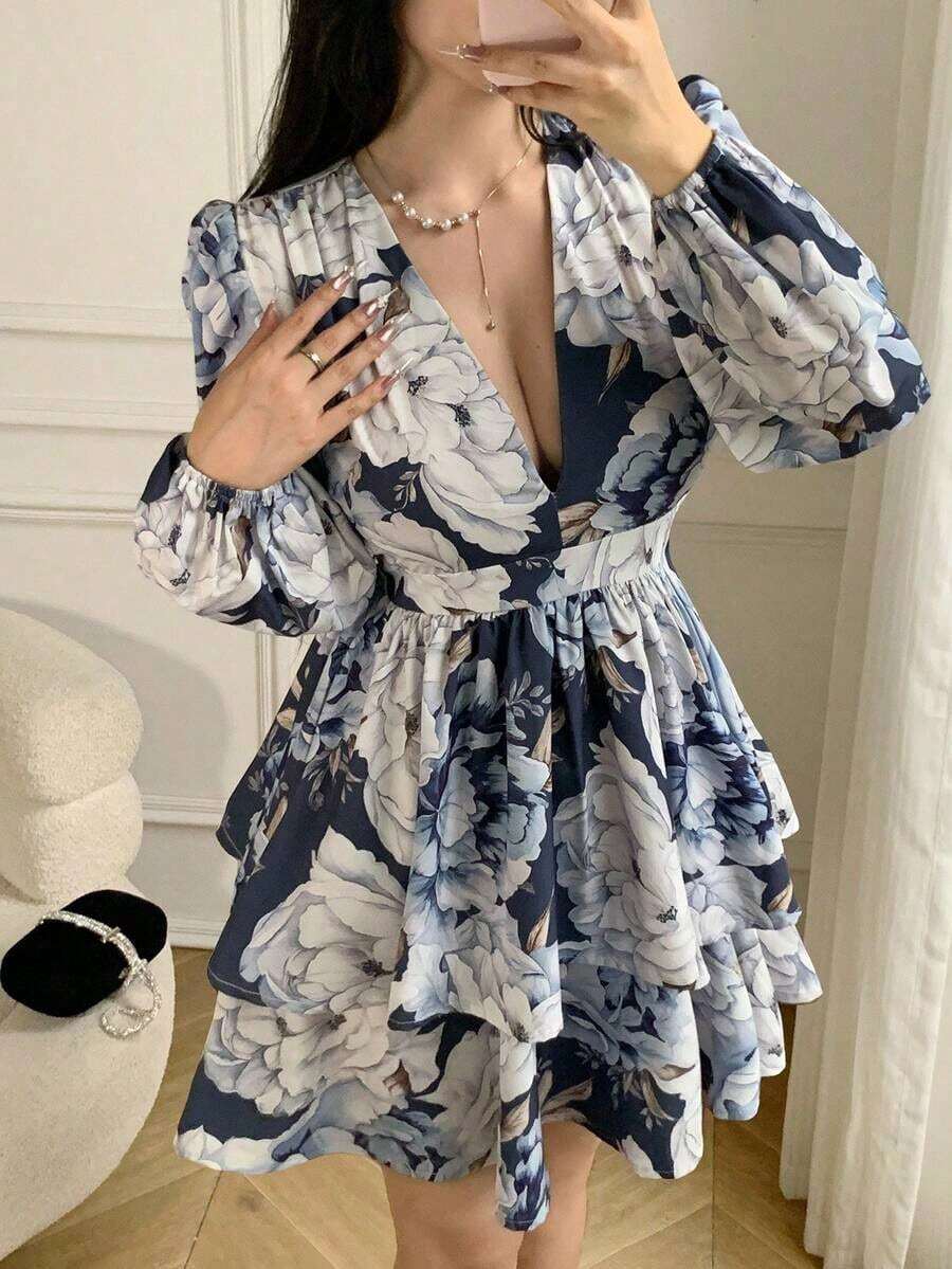 Vestido mini sexy de moda con estampado floral, cuello en V profundo y mangas farol para mujer - Azul - Ver 1
