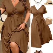Rometta Elegant Casual V-Neck Pleated Design Short Sleeve Knit Plus Size Women Dress, New Arrival - Marrón - Ver 1