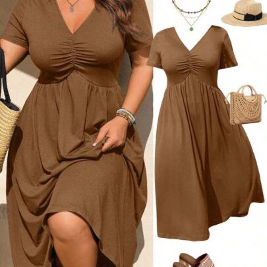 Rometta Elegant Casual V-Neck Pleated Design Short Sleeve Knit Plus Size Women Dress, New Arrival - Marrón - Ver 1