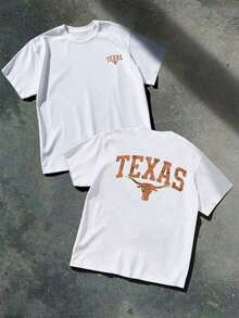 1 Texas Longhorn Graphic Print T-Shirt, Casual, Double Print, 100% Cotton, Festival Wear - Urban Vintage Style, Unisex, Loose Fit, Short Sleeve, Crew Neck, Blouses For Women. Blouses.Casual Blouses For Ladies. - 白色 - 查看 1