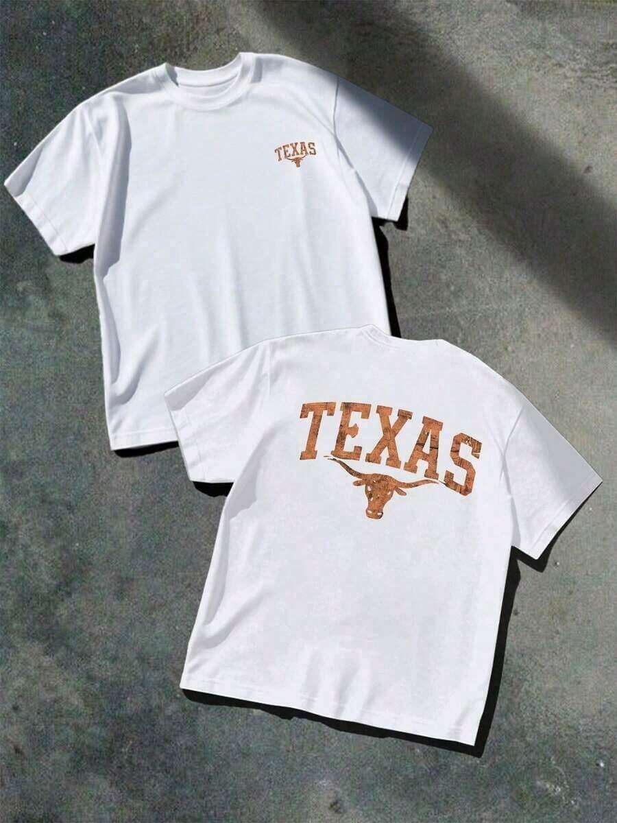 1 Texas Longhorn Graphic Print T-Shirt, Casual, Double Print, 100% Cotton, Festival Wear - Urban Vintage Style, Unisex, Loose Fit, Short Sleeve, Crew Neck, Blouses For Women. Blouses.Casual Blouses For Ladies. - 白色 - 查看 1
