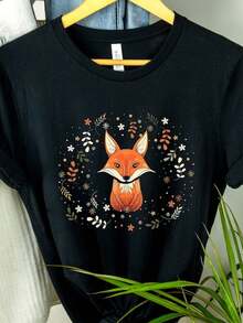 CottagE1core Red Fox Hirt, Aesthetic Flower Printed S1Hirt, Vintage Fox Design S1Hirt, Nature WildL1L1ife Forestcore Animal Lover Floral T1EE Top. - 黑色 - 查看 1