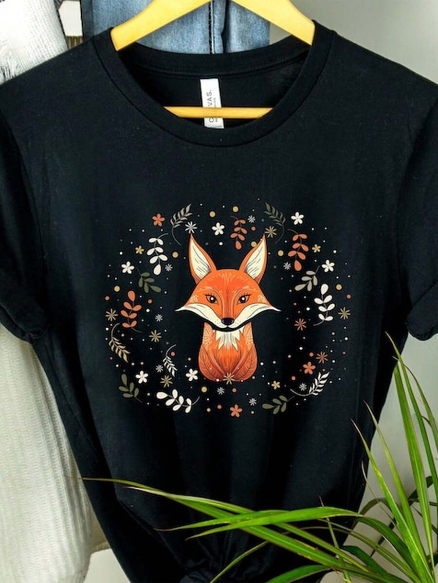 CottagE1core Red Fox Hirt, Aesthetic Flower Printed S1Hirt, Vintage Fox Design S1Hirt, Nature WildL1L1ife Forestcore Animal Lover Floral T1EE Top. - 黑色 - 查看 1