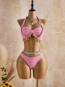 Bellisia Conjunto de tankini de mujer con tirantes finos, patrón de onda beige con decoración de concha marina y estrella, para primavera/verano/otoño, conjunto de ropa de vacaciones para mujer, traje de baño de bikini con cobertura, conjunto de ropa de verano para mujer de 2 piezas - Rosa - Ver 4