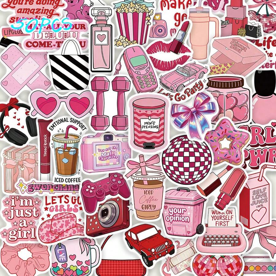 50pcs Cute Girly Printable Stickers, Decorative Stationery, Suitable For Books, Laptops, Water Bottles, Phone Cases, Suitcases, Guitars, And Helmets - Multicolor - View 1