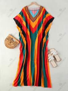 Plus Size Vibrant Print V Neck Batwing Sleeve Kaftan Dress Loose Flowy Maxi Beach Cover Up For Summer Vacation Party Lounge Wear - Multicolor - View 2