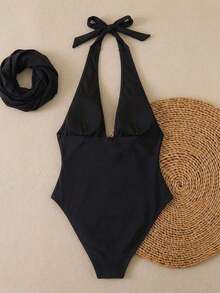 Traje de baño de dos piezas con estampado de lunares, escote asimétrico y espalda descubierta, atuendo de vacaciones en la playa para el verano - Color negro sólido - Ver 3